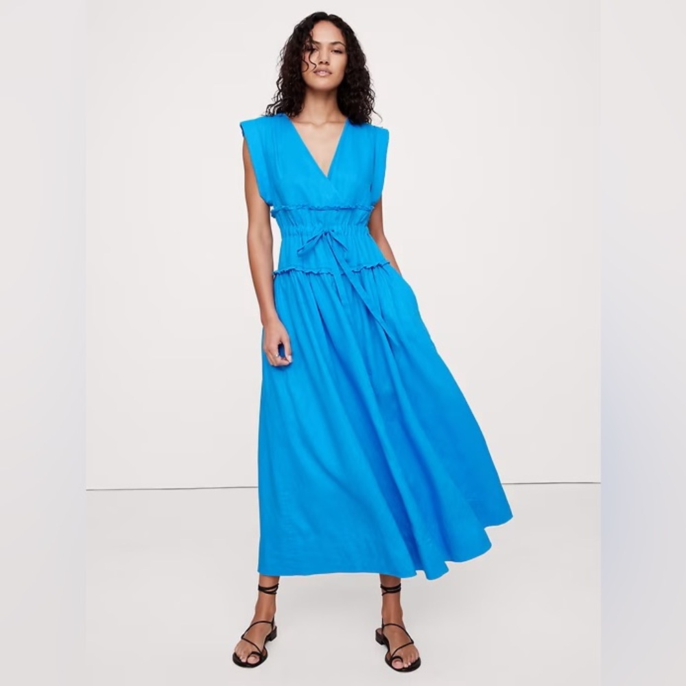 NEW! Banana Republic Blue Cabana Linen Cinch-Waist Maxi Dress - Medium 🍉 - Picture 1 of 9